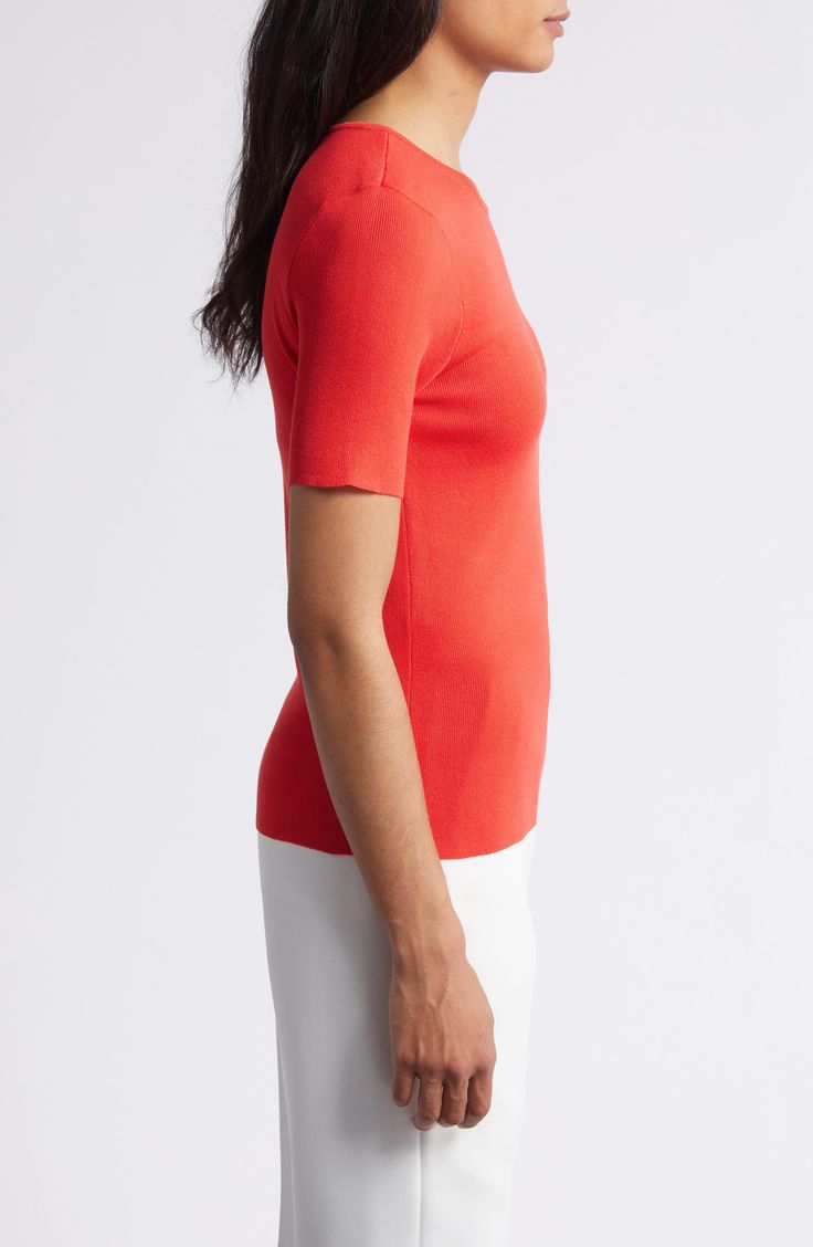 This lightweight, fine-gauge sweater provides a pop of color to perk up your everyday look. Jewel neck Short sleeves 72% rayon, 28% polyester Dry clean Imported Spring Sweater With Seamless Collar For Work, Classic Red Stretch Tops, Spring Sweater For Work With Seamless Collar, Classic Stretch Red Tops, Classic Stretch Knit Top With Ribbed Neckline, Classic Knit Top With Ribbed Neckline And Stretch, Modern Stretch Knit Top For Work, Modern Fine Knit Spring Sweater, Elegant Red Knit Top