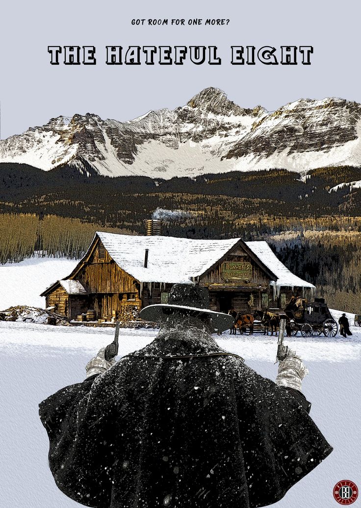 the hateful eight movie poster with an image of a man standing in front of a cabin