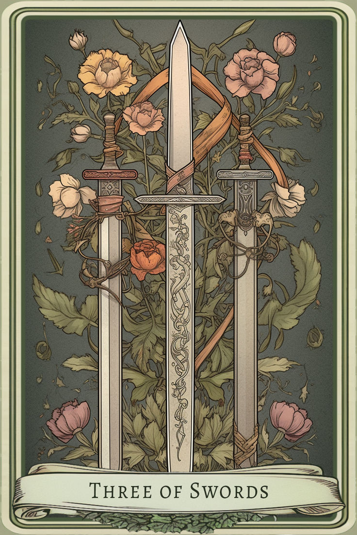 a card with two swords on it and flowers in the middle, surrounded by roses