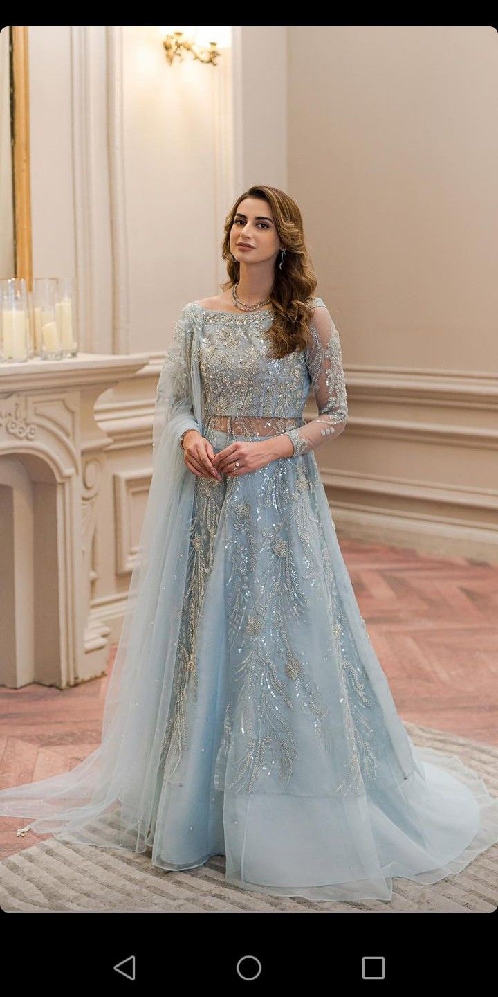 Ice Blue Gown, Net Gown Designs, Engagement Dress For Bride, Baju Kahwin, Party Wear Gowns, Latest Bridal Dresses, Pakistani Fancy Dresses, Pakistani Fashion Party Wear, Beautiful Pakistani Dresses