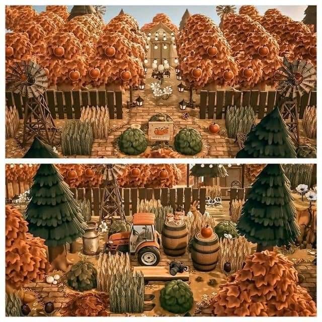 there are two pictures of pumpkins and trees in the same picture, one has an orange truck