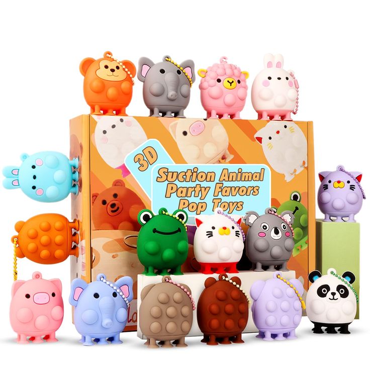 an assortment of various animal toy toys in a cardboard box on a white background with the words suction animal party favors pop toys