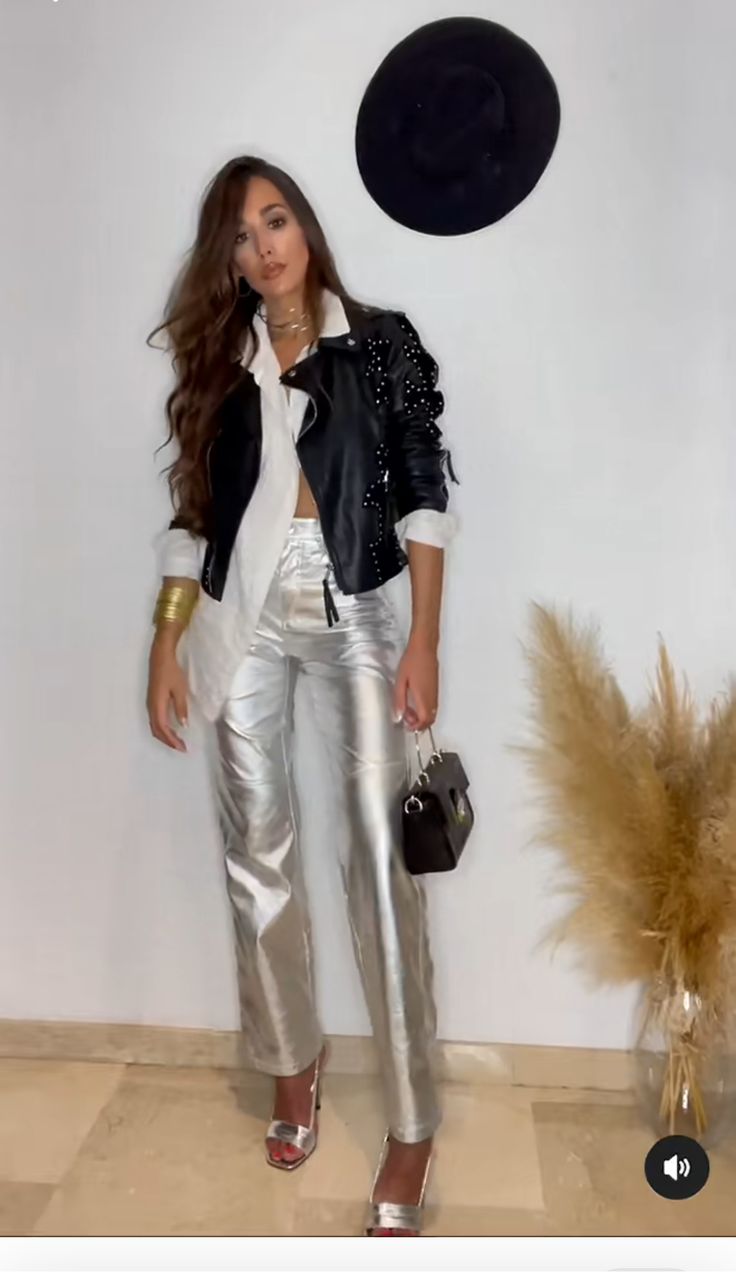 Styling Silver Pants, Silver Pants Outfit Night, Silver Metallic Pants Outfit, Metallic Jacket Outfit, Silver Trousers Outfits, Metallic Jeans Outfit, Silver Jacket Outfit, Silver Jeans Outfit, Silver Pants Outfit