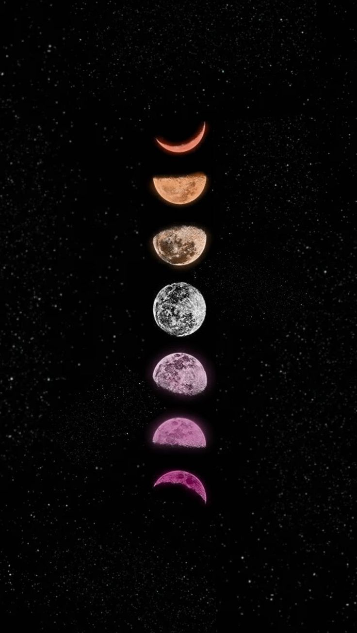 five phases of the moon in different colors and sizes on a black background with stars