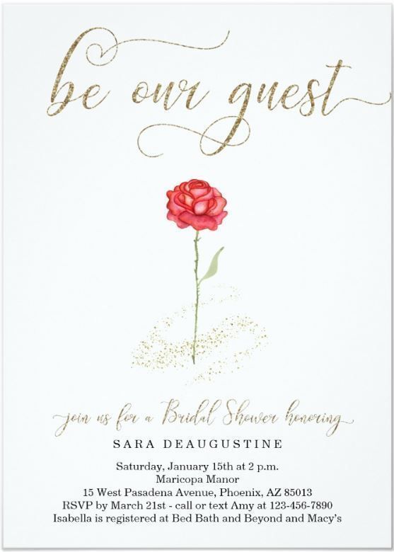 a white and gold wedding card with a red rose on the front, says be our guest