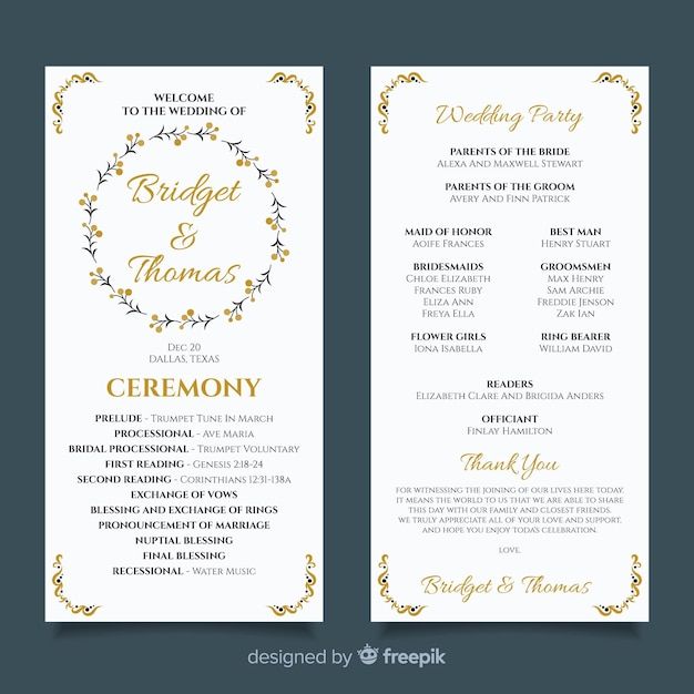 a wedding program card with gold foil on the front and back, featuring an elegant wreath design