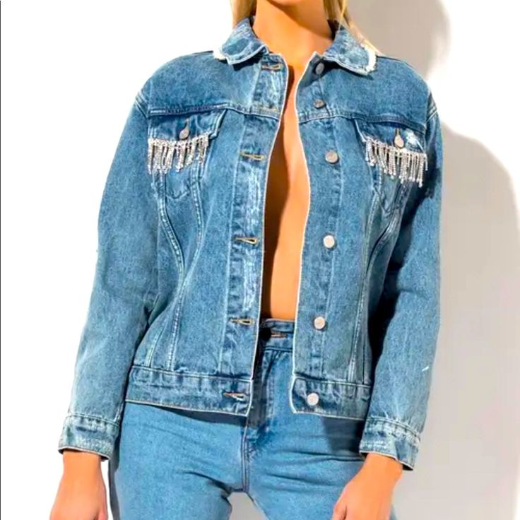 Rhinestone Denim Jacket Multiple Pockets Distressed/Hole Short Or Cropped Style Jean Jacket New Fashion Casual Casual Denim Jacket With Rhinestones For Spring, Casual Rhinestone Denim Jacket For Spring, Trendy Spring Denim Jacket With Rhinestone Fringe, Casual Fall Denim Jacket With Rhinestones, Casual Rhinestone Denim Jacket For Fall, Casual Long Sleeve Outerwear With Rhinestones, Trendy Embellished Medium Wash Denim Jacket, Denim Outerwear With Rhinestones And Long Sleeves, Long Sleeve Denim Outerwear With Rhinestones