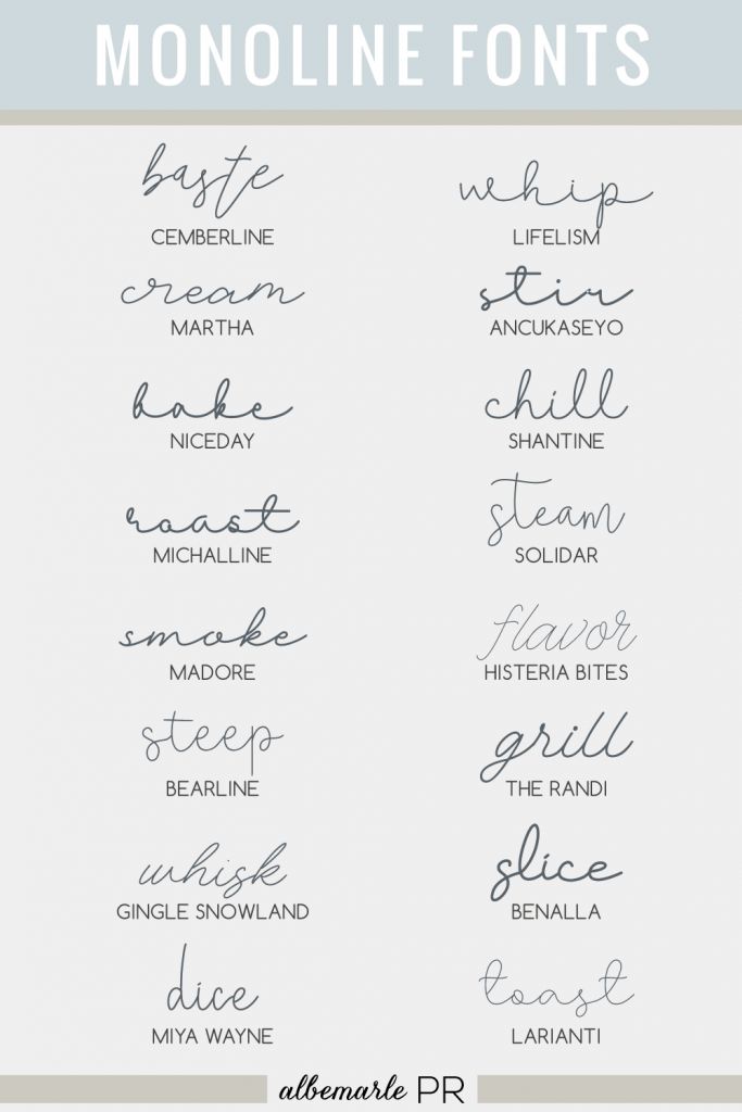 handwritten font with the words monoline fonts in different styles and colors on it