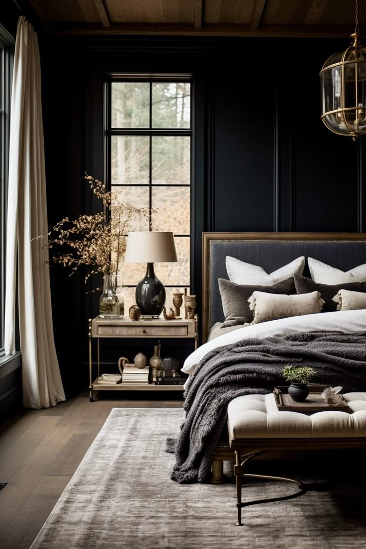 a bedroom with black walls and wooden floors