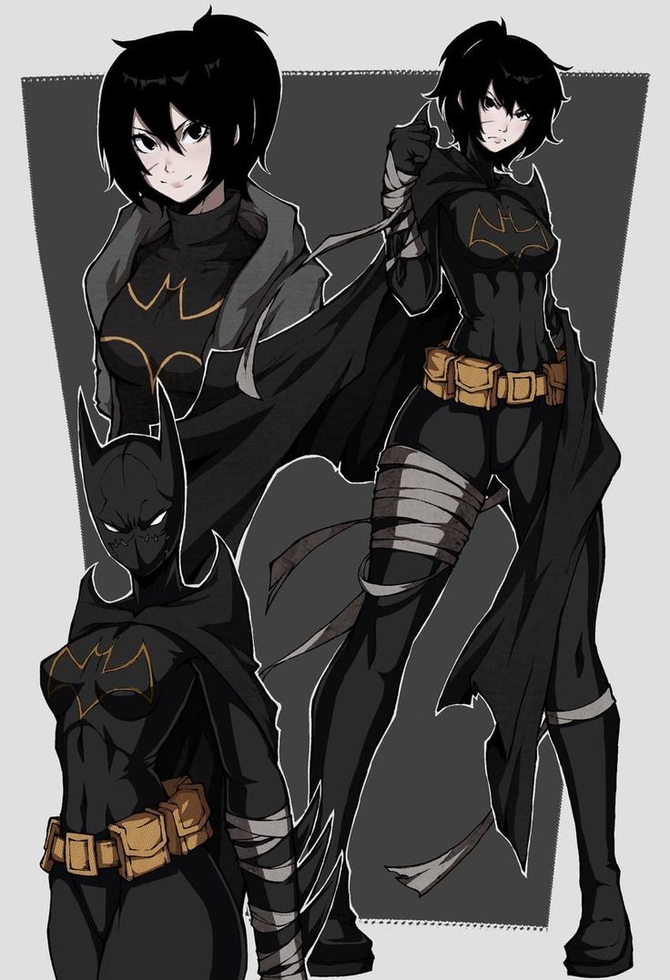 two women dressed as batman and batgirl, one in black with gold accents on her chest