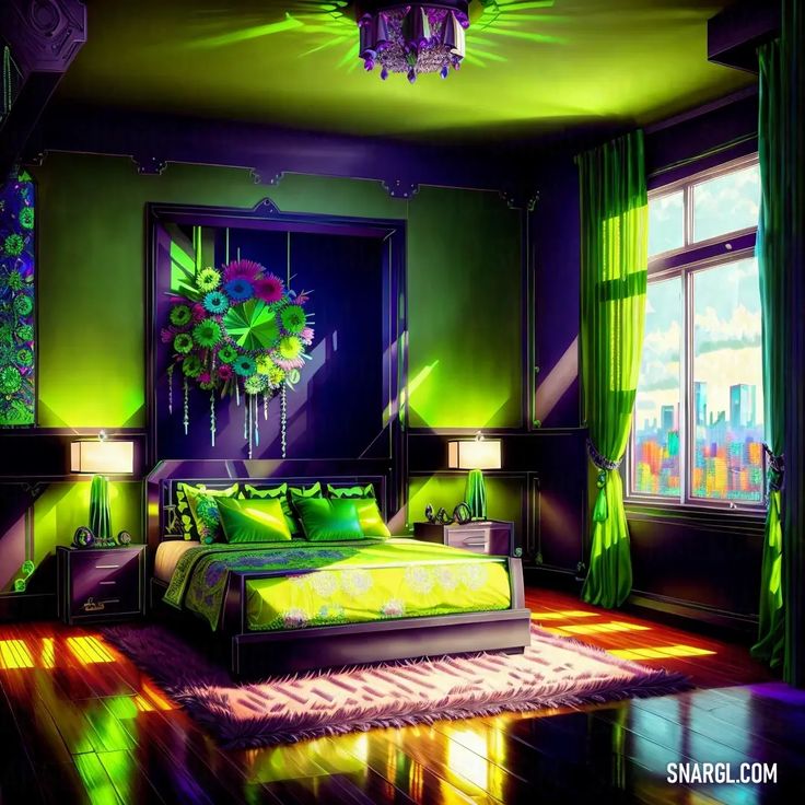 a bedroom with green and purple walls, floor to ceiling curtains and a chandelier hanging from the ceiling