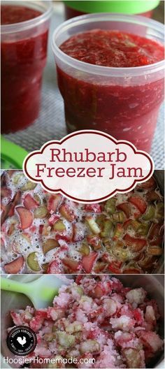 rhubarb freezer jam in plastic cups with spoons