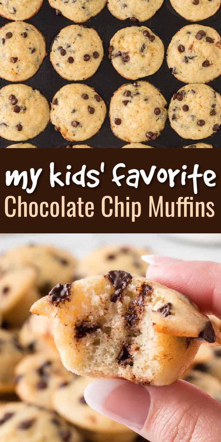 chocolate chip muffins are being held up in front of the camera and on top of each other