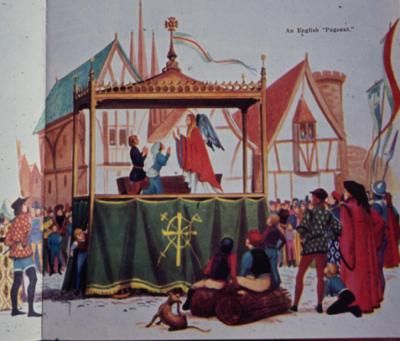 an old book with a painting of people on stage and in the background is a crowd