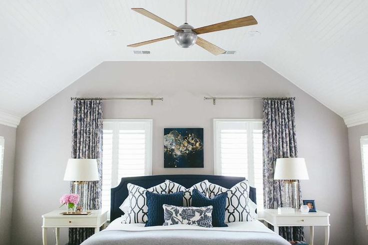 a bedroom with white walls and blue bedding