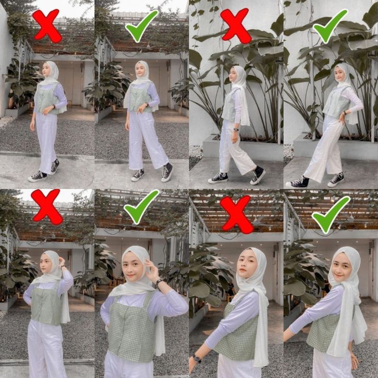 woman in white hijab with green check mark on her left shoulder and four different ways to wear the hijab