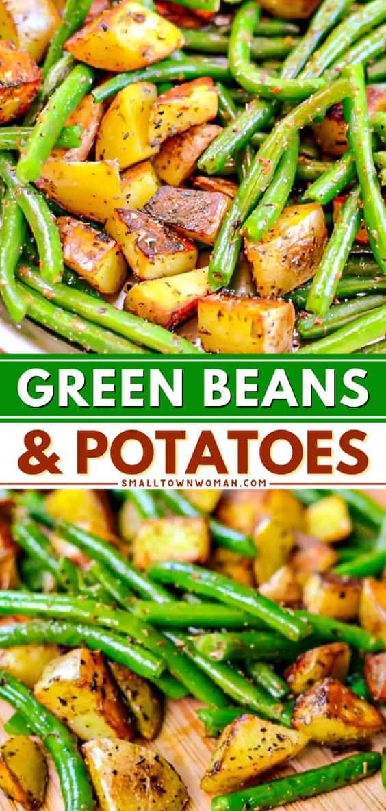 green beans and potatoes on a cutting board with text overlay that reads green beans and potatoes