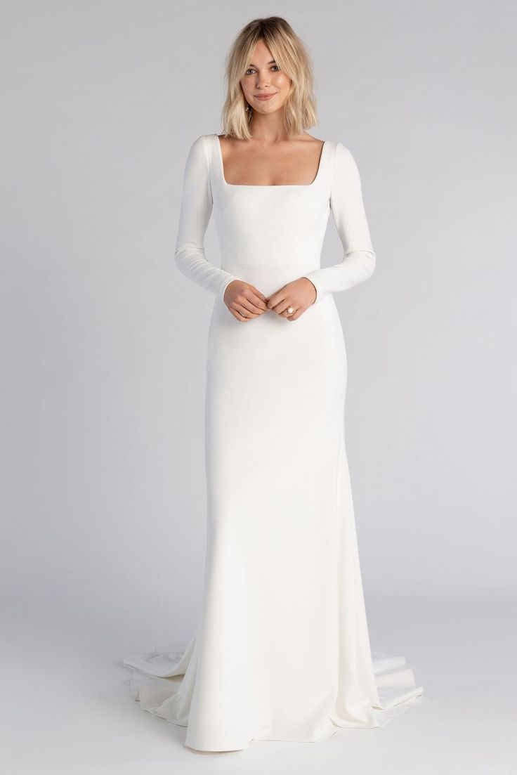 Jenny_by_Jenny_Yoo_Wedding_Dress_Sabel_Ivory_White_Longsleeve_Front Winter Wedding Gowns, Long Sleeve Bridal Dresses, Plain Wedding Dress, Fit And Flare Skirt, Jenny Yoo, Fitted Wedding Dress, Sleeve Wedding Dress, Winter Wedding Dress, Long Sleeve Wedding