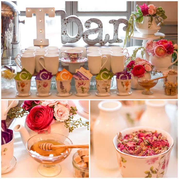 the table is set with plates, silverware and pink flowers in vases on it