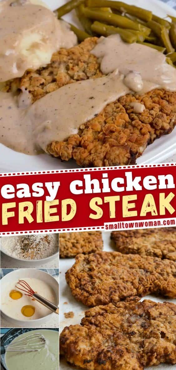 an easy chicken fried steak with gravy and green beans is shown in this collage