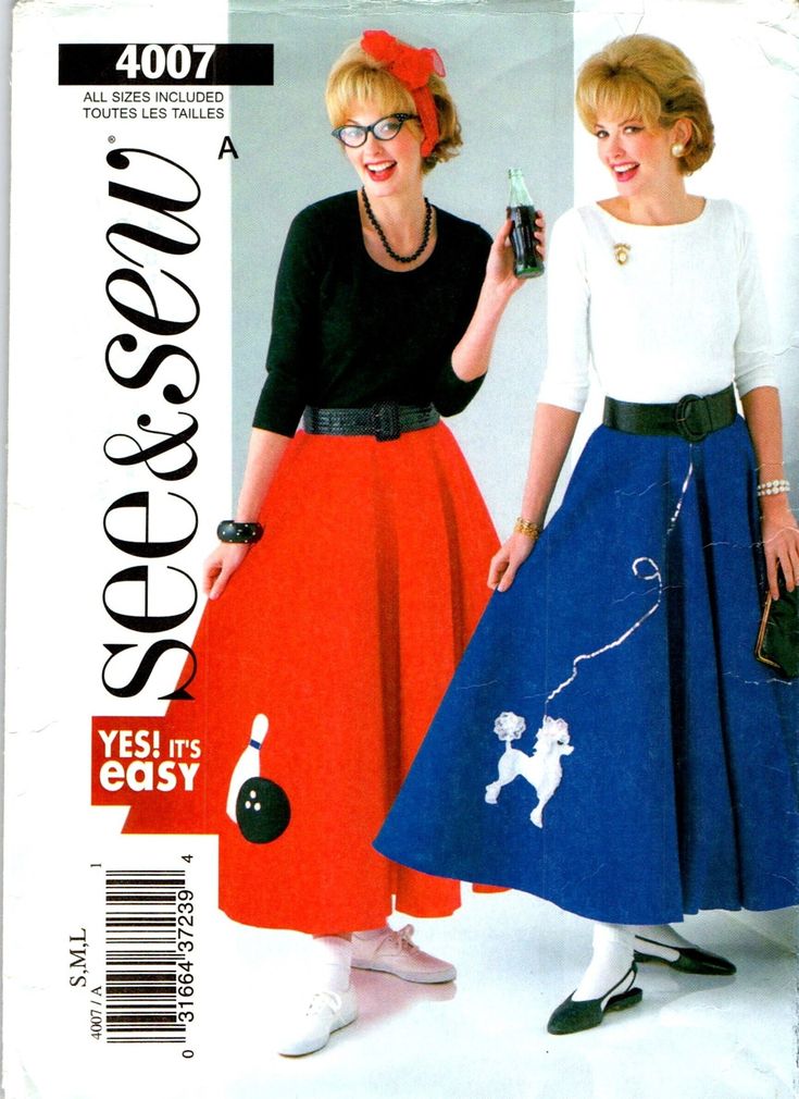 Diner costume pattern, poodle & bowling skirt with petticoat, applique car hop, waistress, roller skating waistress original easy see & sew costume sewing pattern (not pdf) size 8 10 12 14 16 18 women, misses 2003 flared skirt, above ankle has waistband and contrast applique variations.  flared betticoat, above ankle has elastic waist, yoke and attached ruffle. pattern is uncut with factory folds. Petticoat Pattern, Tiny Tears Doll, Ruffle Pattern, Bowling Balls, Ball Skirt, Costume Sewing Patterns, Poodle Skirt, Costume Patterns, Skirt Patterns Sewing