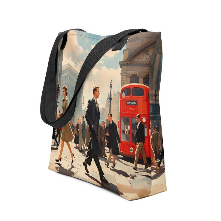 Stay stylish and organized on the go with our spacious tote bag, now with FREE SHIPPING to the US, Canada, EU, and UK! THE ARTWORK This artwork is a stunning depiction of vintage London, where the historical cityscape and the iconic red double-decker bus create a nostalgic and elegant scene. The painting showcases the artist’s attention to detail and mastery of color and light, capturing the vibrancy and charm of the British capital. THE TOTE BAG This tote bag is both trendy and practical and is Unique Tote Bag, Stylish Tote Bag, Double Decker Bus, Vintage London, Fabric Bag, Coque Iphone, Cityscape, Tote Bags, Laptop