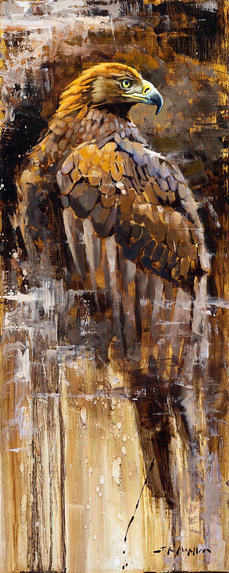 a painting of an eagle sitting on top of a tree stump