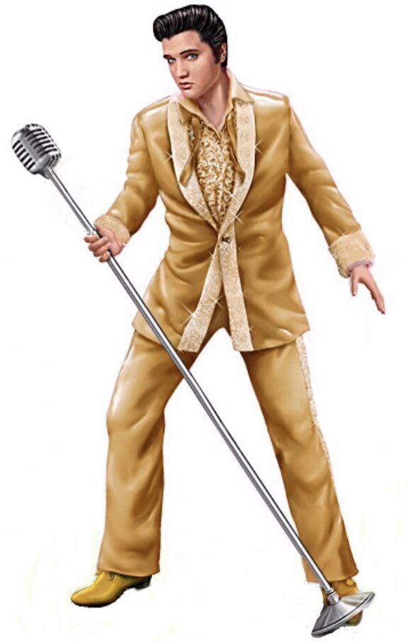 a drawing of elvis presley holding a brush and wearing a gold suit with sequins