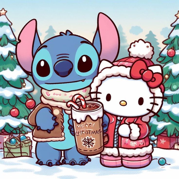 a hello kitty christmas card with an image of stitchy and her santa claus hat