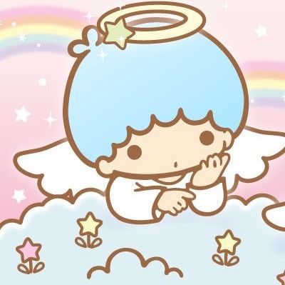 an angel sitting on top of a cloud with stars and rainbows in the background