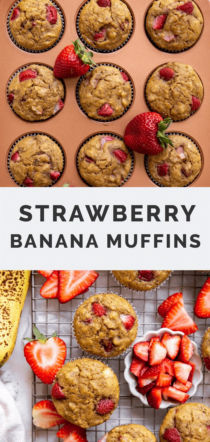 strawberry banana muffins on a cooling rack with strawberries