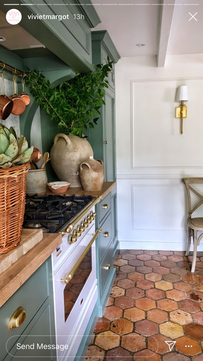 a kitchen with an oven, potted plants and other items on the counter top