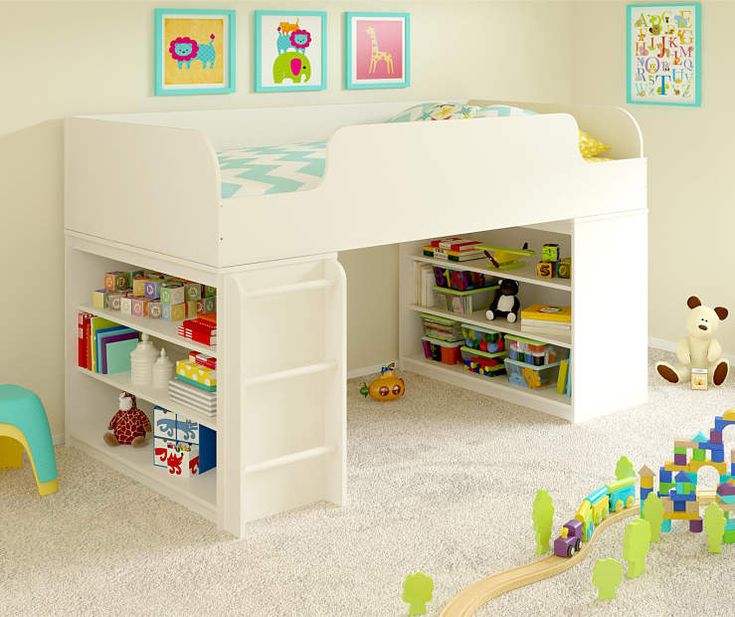 a child's bedroom with a white loft bed and toys on the carpeted floor