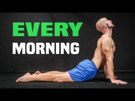 a man doing a back stretch with the words'every morning'in front of him