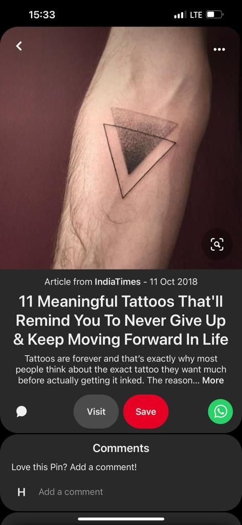 a person with a small triangle tattoo on their arm and the caption reads, 11 beautiful tattoos that'll remind you to never give up & keep moving forward in life