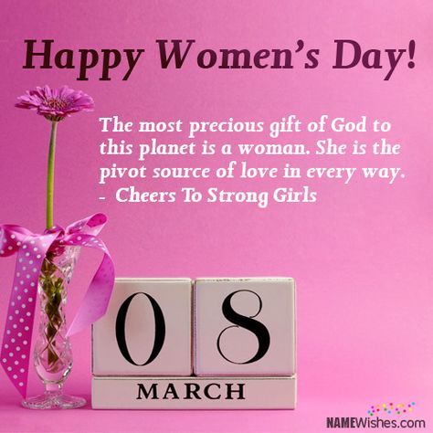 happy women's day message with pink flowers and blocks spelling out the date 08 march