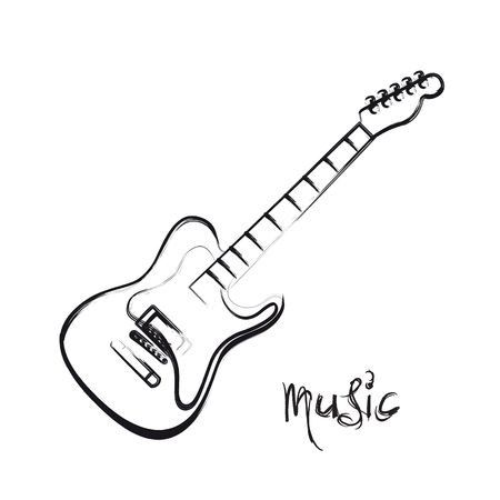 an electric guitar with the word music written in black and white ink on a white background