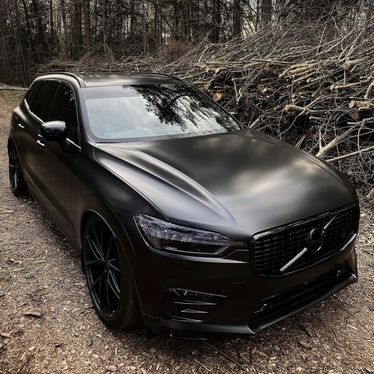 a black volvo car parked in front of some bushes and trees with no leaves on it