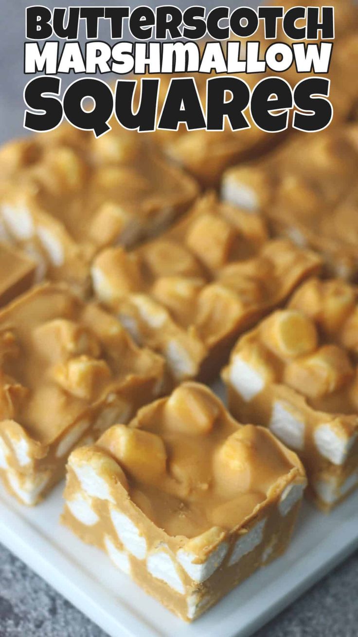 butterscotch marshmallow squares on a white plate with the title overlay