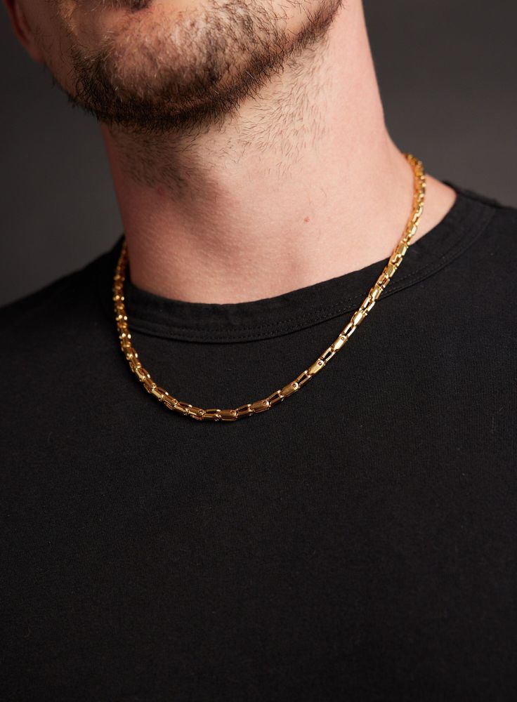 Men's Gold Chain Necklace - 5mm 14k Gold Plated 316L Stainless Steel - Unique, thick, modern link chain for guys, man, son, brother, cousin Chain width: 5mm Clasp: Lobster Claw Chain: 14k Gold Plated 16L Stainless Steel Length: Available in 16, 18. 20, 22, and 24. Model is wearing 20 inch chain. Note that depending on your height, build, shoulders and neck chain will fit you different. Please measure your ideal length before ordering. You can check the rest of our designs in our main shop page h Mens Chain Designs, Mens Neck Chains, Neck Chain For Men, Build Shoulders, Mens Silver Chain Necklace, Mens Gold Chain Necklace, Gold Neck Chain, Stud Earrings For Men, Silver Chain For Men