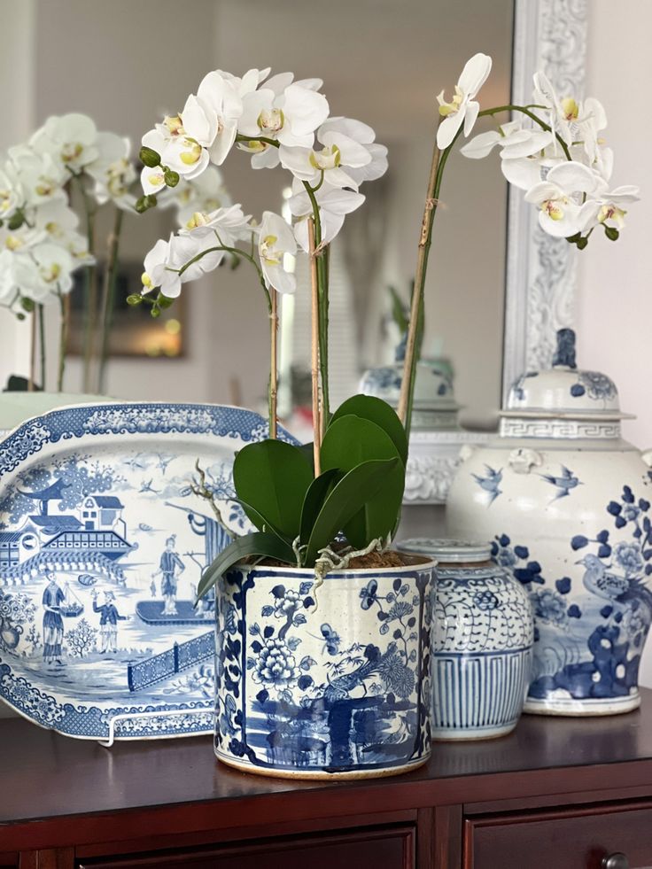 some white flowers are in blue and white vases on a table with other items