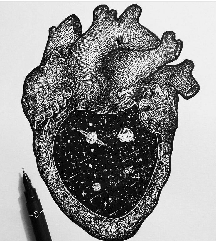 a drawing of a heart with space and stars on it