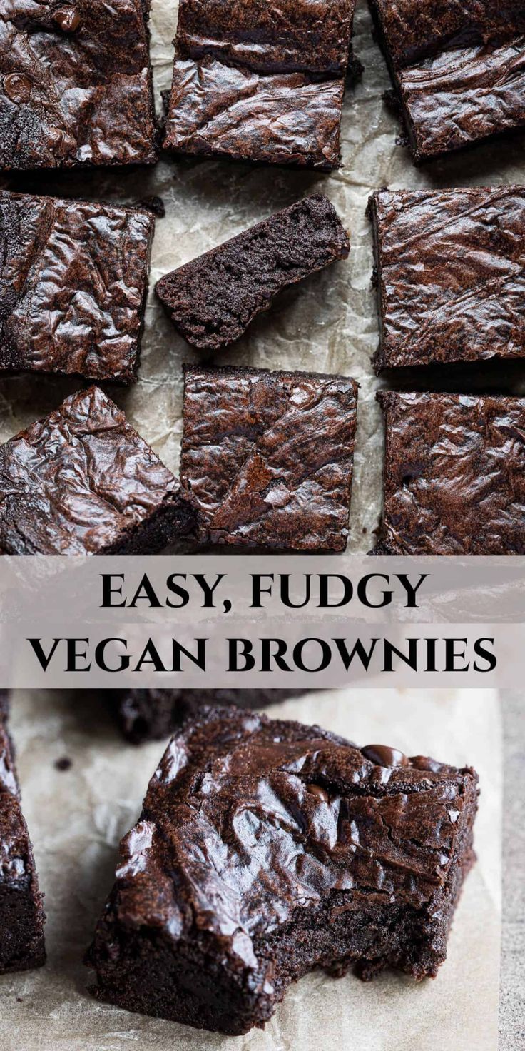 easy fudgey vegan brownies on parchment paper with title text overlay