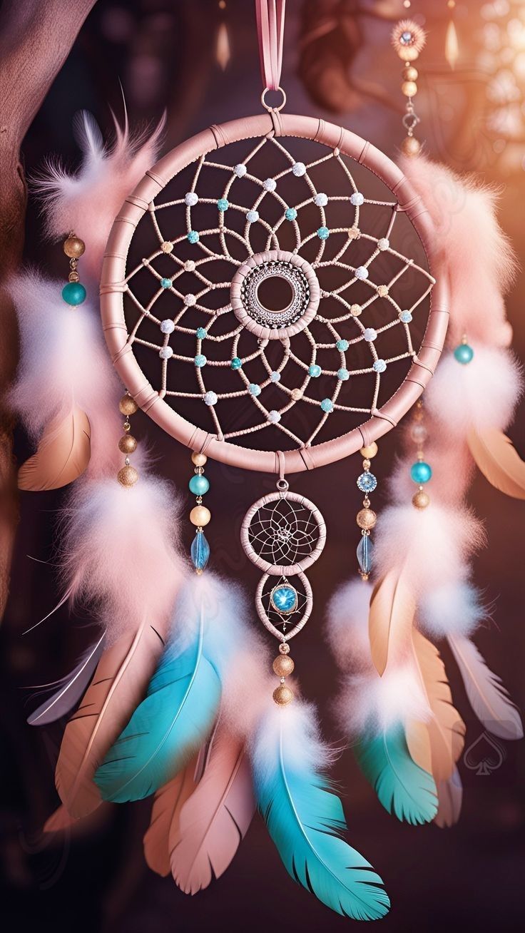 a dream catcher with feathers hanging from it's side