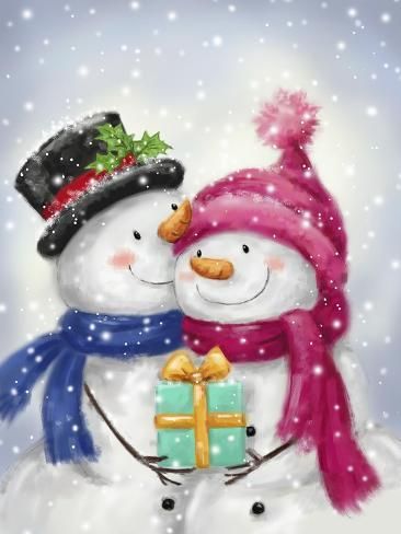 two snowmen are hugging each other in the snow with presents on their lapse