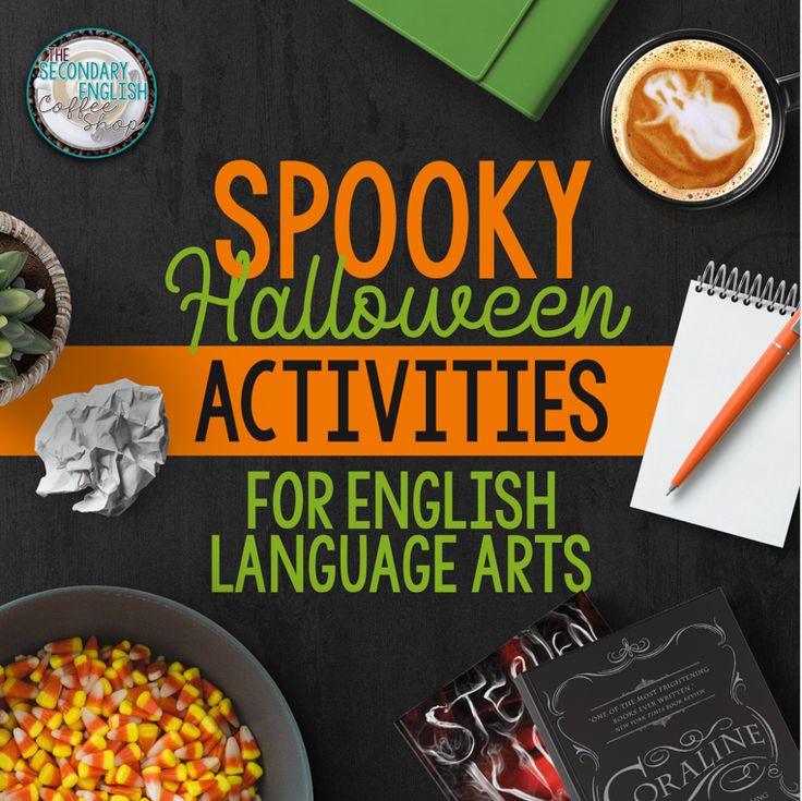 spooky halloween activities for english language arts on a table with pumpkins and candy