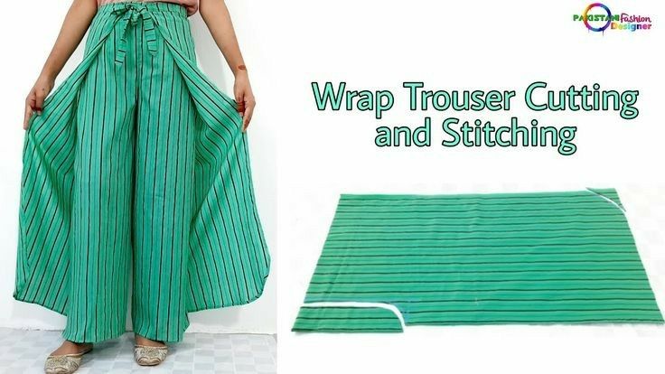 a woman standing next to a green and white striped blanket with the words wrap trousers cutting and stitching