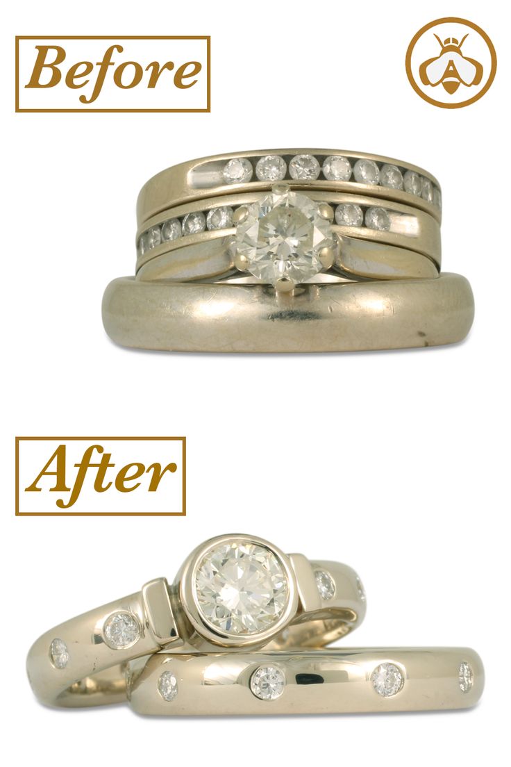 before and after wedding rings with diamonds on the bottom, in yellow gold or white gold