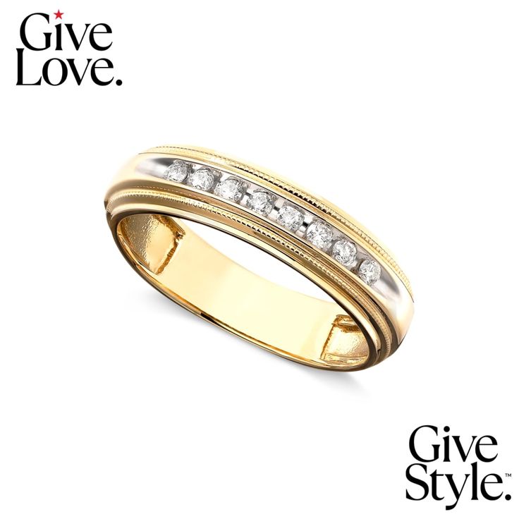 a gold ring with diamonds on it and the words give love written in white lettering