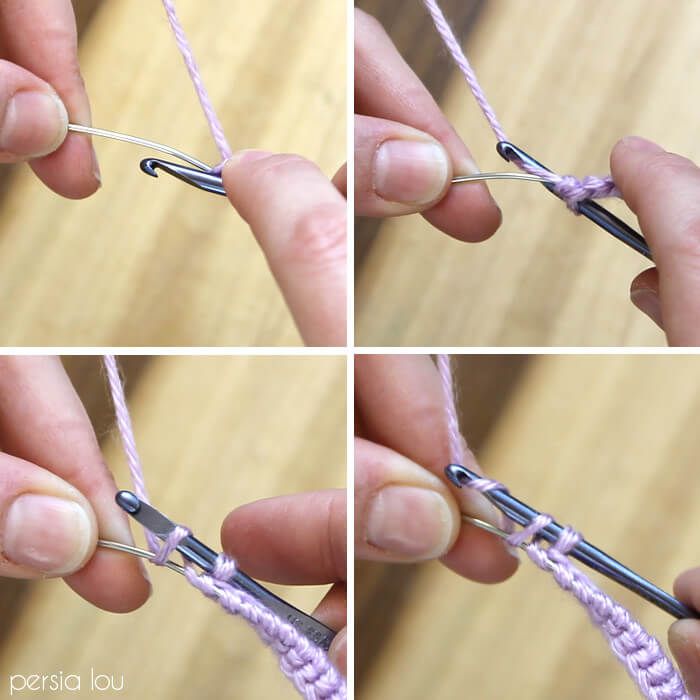 four pictures showing how to crochet the ends of two yarns